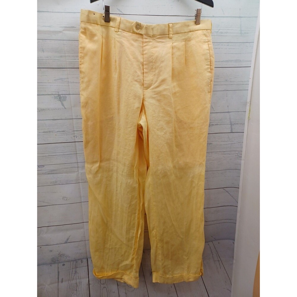 Mens New Gen 100% Linen Pleated Cuffed Yellow Pants Sz W 38X34 L